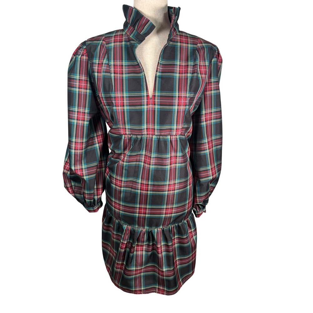 Tuckernuck Plaid Ruffle Neck Dress Womens XXL Black Red Green Preppy Puff Sleeve